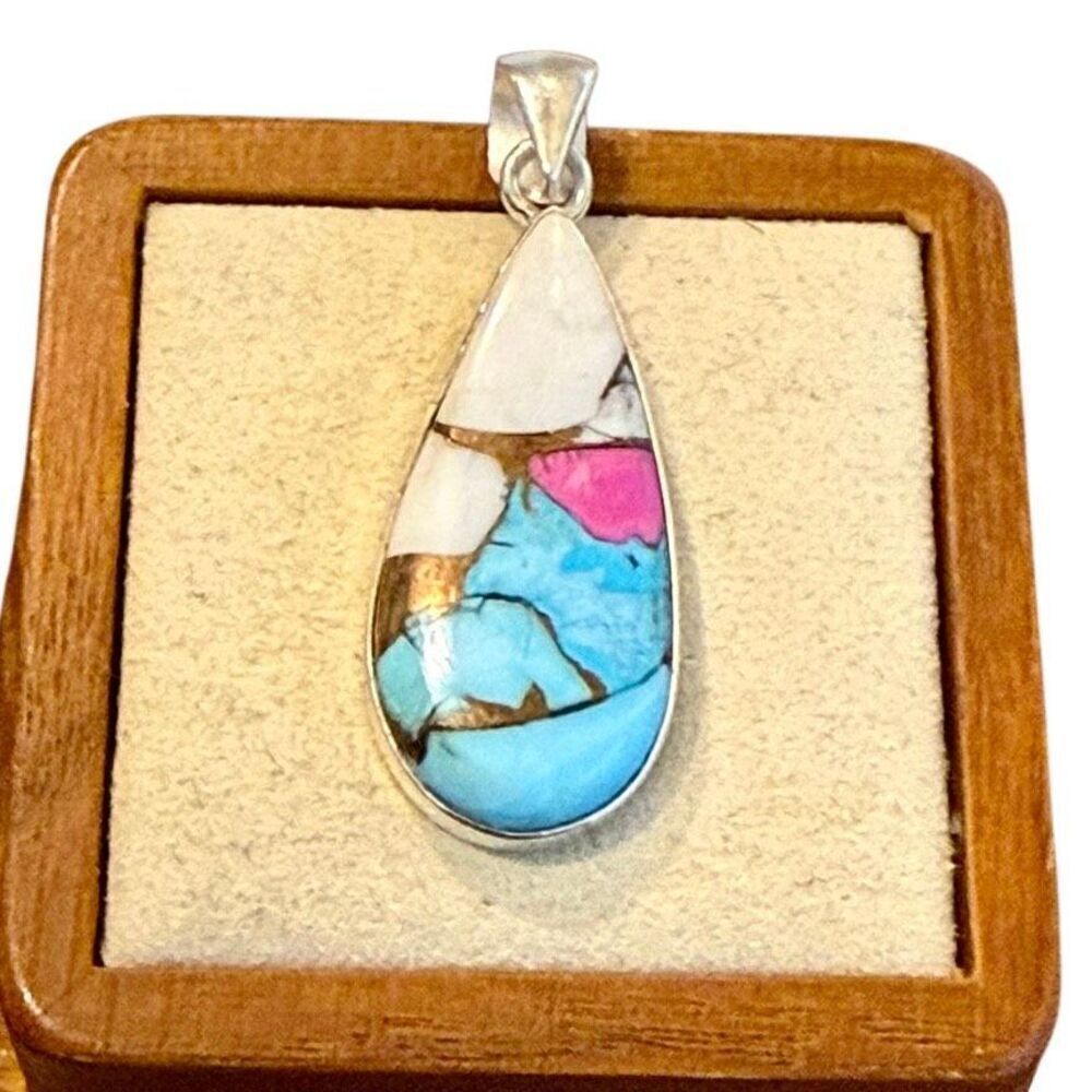 Southwestern Cotton Candy Turquoise Teardrop Necklace Sterling Silver New